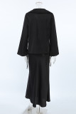 Casual Solid Color Lace Up V Neck Long Sleeve Two Pieces