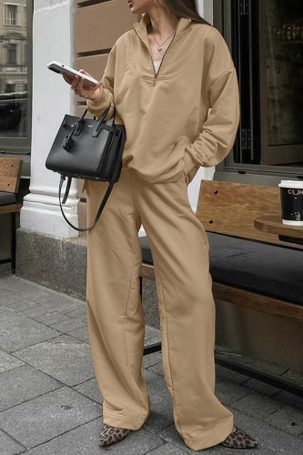 Street Daily Solid Color Zipper Turndown Collar Long Sleeve Two Pieces