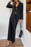 Casual Solid Color Lace Up V Neck Long Sleeve Two Pieces