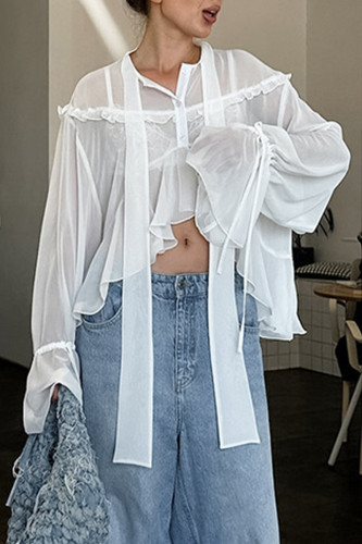 Sexy Solid Color Buttons See-Through Ruffle Tie Neck Tops