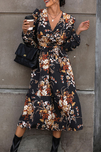 Street Elegant Floral Print Lace Up Ruffle V Neck A Line Dresses