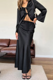 Casual Solid Color Lace Up V Neck Long Sleeve Two Pieces
