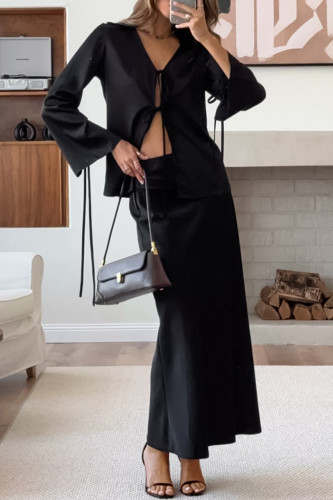 Casual Solid Color Lace Up V Neck Long Sleeve Two Pieces