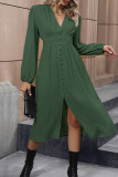 Daily Elegant Solid Color Buttons Slit V Neck A Line Dresses