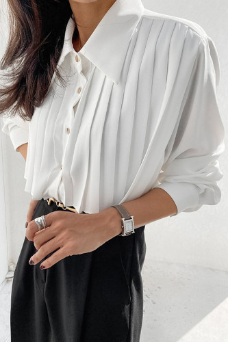 Elegant Solid Color Buttons Pleated Turndown Collar Tops