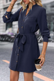 Street Elegant Solid Color Lace Up Buttons V Neck Shirt Dresses