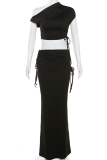 Sexy Street Solid Color Draw String Irregular Oblique Collar Short Sleeve Two Pieces