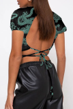 Sexy Geometric Print Animal Print Lace Up Backless Contrast Half A Turtleneck T-Shirts