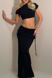 Sexy Street Solid Color Draw String Irregular Oblique Collar Short Sleeve Two Pieces