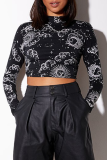 Sexy Street National Totem Geometric Print Lace Up Backless Half A Turtleneck Tops
