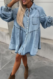 Casual Street Solid Color Pocket Buttons Turndown Collar Long Sleeve Loose Denim Dresses