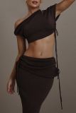 Sexy Street Solid Color Draw String Irregular Oblique Collar Short Sleeve Two Pieces