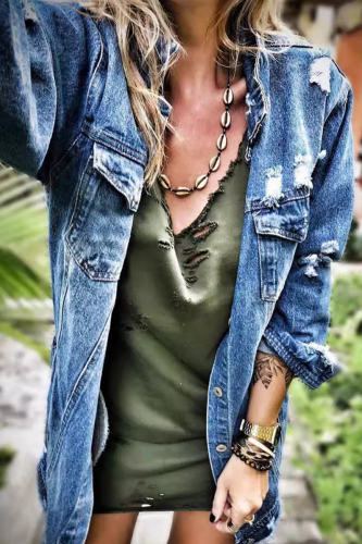 Casual Street Solid Color Ripped Distressed Turndown Collar Outerwear