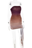 Sexy Gradient Color Ruched Contrast Strapless Wrapped Skirt Dresses