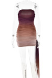 Sexy Gradient Color Ruched Contrast Strapless Wrapped Skirt Dresses