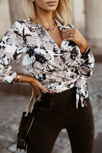 Casual Geometric Print Lace Up Turndown Collar Tops