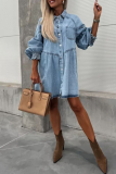 Casual Street Solid Color Pocket Buttons Turndown Collar Long Sleeve Loose Denim Dresses
