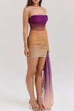 Sexy Gradient Color Ruched Contrast Strapless Wrapped Skirt Dresses