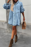 Casual Street Solid Color Pocket Buttons Turndown Collar Long Sleeve Loose Denim Dresses