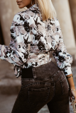 Casual Geometric Print Lace Up Turndown Collar Tops
