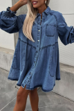 Casual Street Solid Color Pocket Buttons Turndown Collar Long Sleeve Loose Denim Dresses