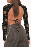 Sexy Street National Totem Geometric Print Lace Up Backless Half A Turtleneck Tops