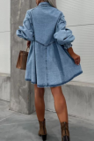 Casual Street Solid Color Pocket Buttons Turndown Collar Long Sleeve Loose Denim Dresses