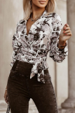 Casual Geometric Print Lace Up Turndown Collar Tops