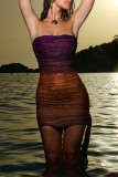 Sexy Gradient Color Ruched Contrast Strapless Wrapped Skirt Dresses