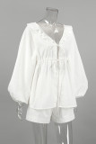 Casual Daily Solid Color Lace Up Ruffle V Neck Long Sleeve Two Pieces