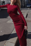 Daily Elegant Solid Color Ruched O Neck Long Sleeve Dresses