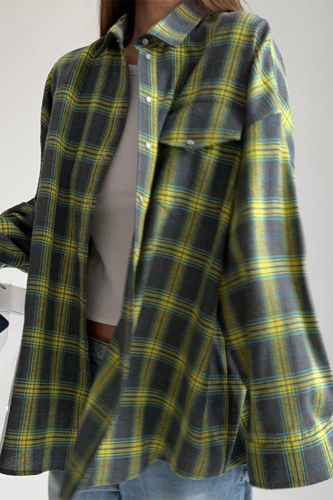 Casual Street Plaid Pocket Buttons Contrast Turndown Collar Tops