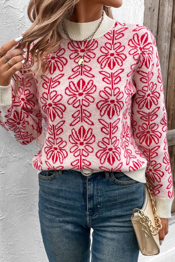 Casual Flowers Weave Contrast Half A Turtleneck Tops