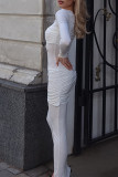 Daily Elegant Solid Color Ruched O Neck Long Sleeve Dresses