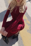Daily Elegant Solid Color Ruched O Neck Long Sleeve Dresses