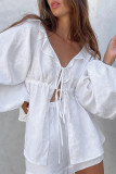 Casual Daily Solid Color Lace Up Ruffle V Neck Long Sleeve Two Pieces