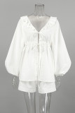 Casual Daily Solid Color Lace Up Ruffle V Neck Long Sleeve Two Pieces
