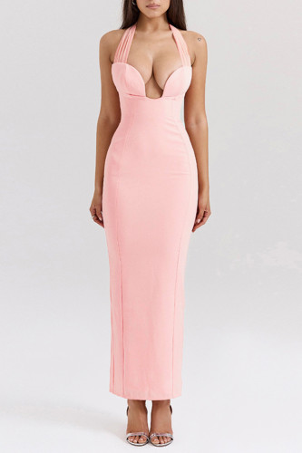 Sexy Solid Color Backless Slit Halter One Step Skirt Dresses