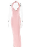 Sexy Solid Color Backless Slit Halter One Step Skirt Dresses