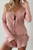 Casual Daily Solid Color Lace Up Ruffle V Neck Long Sleeve Two Pieces