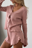 Casual Daily Solid Color Lace Up Ruffle V Neck Long Sleeve Two Pieces