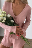 Casual Daily Solid Color Lace Up Ruffle V Neck Long Sleeve Two Pieces