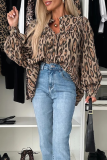 Casual Leopard Buttons Ruched O Neck Tops