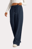Casual Daily Solid Color Draw String Pocket Loose High Waist Wide Leg Solid Color Bottoms