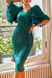 Prom Elegant Solid Color Ruffle Ruched V Neck Evening Dresses