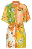 Casual Floral Print Lace Up Ruched Contrast Turndown Collar Short Sleeve Short Sleeve Dress
