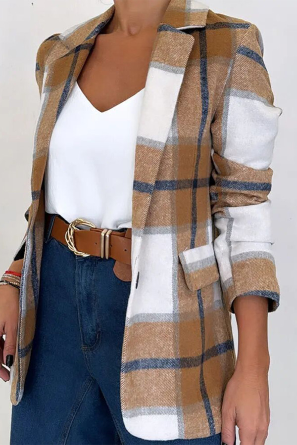 Casual Plaid Patchwork Contrast Turn-back Collar Outerwear