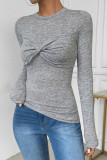 Casual Solid Color Ruched O Neck Tops