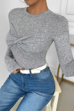 Casual Solid Color Ruched O Neck Tops