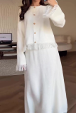 Elegant Solid Color Fringed Trim Buttons O Neck Long Sleeve Two Pieces